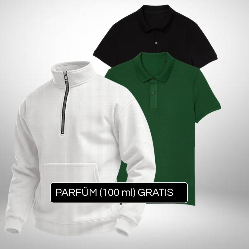 Premium Set Pullover + 2 Poloshirts – Eleganter Stil + Gratis Geschenk